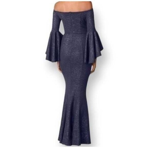 VENUS NAVY & SILVER METALLIC OFF-THE-SHOULDER BELL SLEEVE DRESS SZ.6 EUC. - Picture 2 of 10